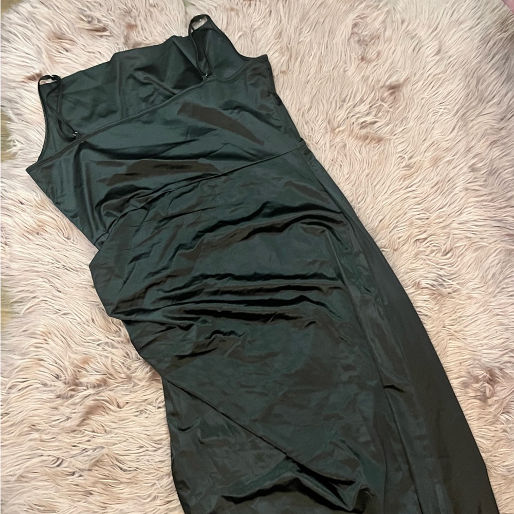 Elegant Black Satin Cami Dress w Cowl Neck and Faux Wrap Style - Picture 7 of 7
